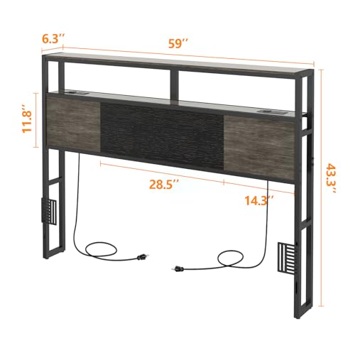 Queen Size Headboard with Charging Station & LED Light - Gray + Black