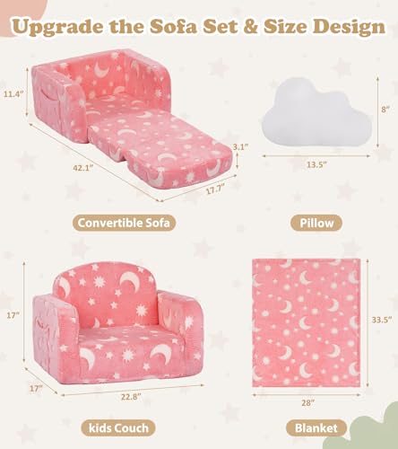 Pink Moon Kids 2-in-1 Glow-in-The-Dark Toddler Couch with Blanket & Cloud Pillow