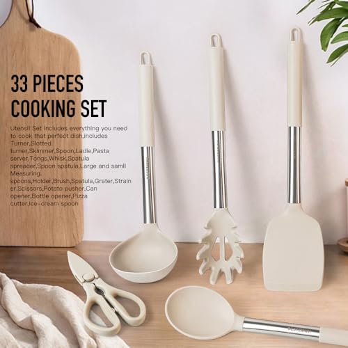 BESTZMWK Khaki Silicone Kitchen Utensil Set 33pcs Non-Stick Cookware with Stainless Steel Handles