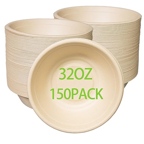 emlifepak 32oz Disposable Salad Bowls 150 Pack Heavy-Duty Eco-Friendly Compostable
