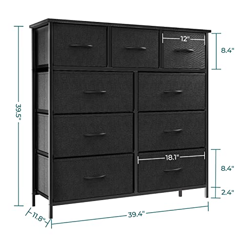 Black Fabric Dresser with 9 Drawers - Anti-Tip Storage Tower, 11.8"D x 39.4"W x 40.2"H