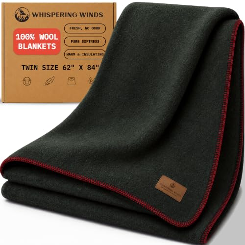 Whispering Winds Premium Wool Blanket Twin Size - Military Green 62x84