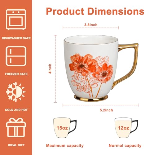 Asmwo White Ceramic Daisy Mug 15 oz Floral Coffee Tea Cup with Gold Rim