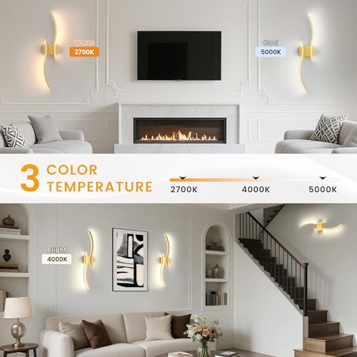 Gold 27.6 Inch Battery Operated Wall Sconces Set of 2 - Dimmable Wireless Wall Lights with Remote, Rechargeable for Living Room, Hallway, Bedroom