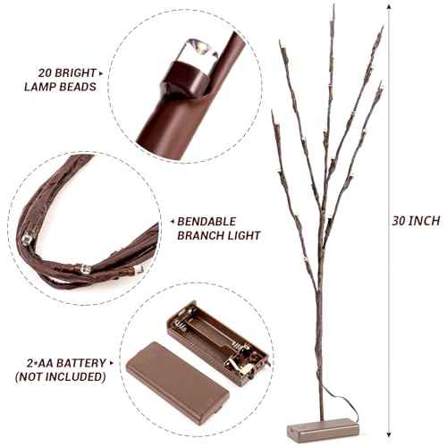 KXCOFTXI 1PCS Lighted Twigs, Lighted Branches with 20 Bright Bulbs, Prelit Branches, Lighteds Tree Branche for Indoor, Lights Battery Operated for Home Romantic Decoration, 30 Inch (Warm Yellow)