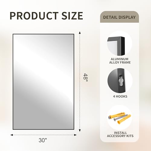 FICTOR Black Bathroom Vanity Mirror 30 x 48 inches Over Sink with Frame - Model: 48"L x 30"W
