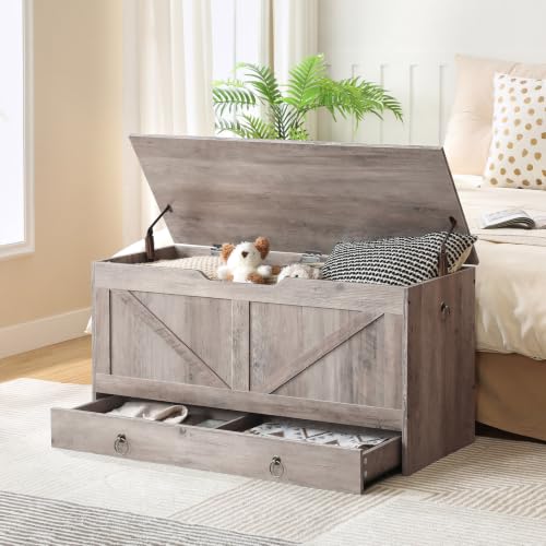 HOOBRO Greige 39.3" Wooden Storage Chest with Drawer, Safety Hinge, Entryway Bench