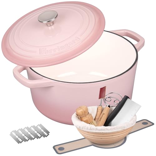 6 Qt Pink Cast Iron Dutch Oven with Lid for Bread Baking & Cooking - Sourdough Bread Supplies Set - VORRINGARD