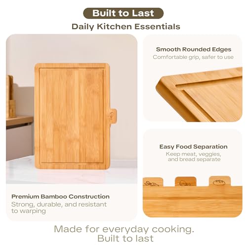 Natural Bamboo Cutting Board Set with Holder - Extra Large Kitchen Chopping Boards, 3 Piece