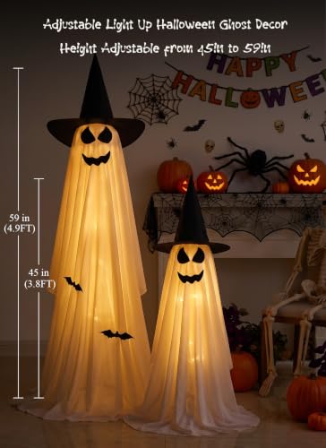 Minetom 2 Pack 5 FT Halloween Ghost Decorations with Lights & Veil-Witch Hat Variation