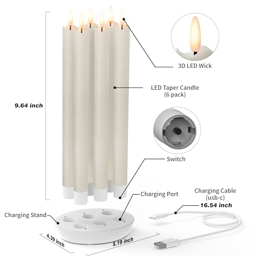 Ivory Rechargeable Flameless Taper Candles with Remote & Charging Base, 6 Pcs