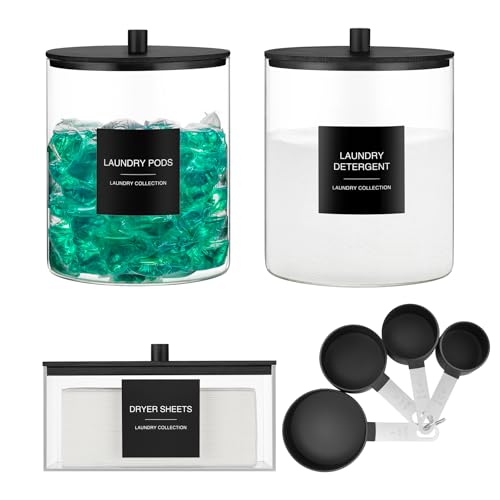 TIPGO Black Glass Jar & Acrylic Dryer Sheet Holder Set with Measuring Cups for Laundry Room Organization