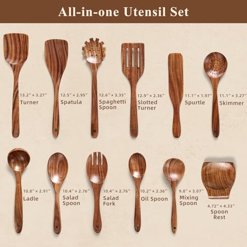 Wooden Cooking Utensil Set 12 Pcs Teak Wood Kitchen Tools with Spoon Rest