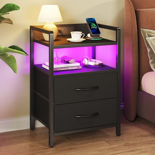 Black LED Nightstand with Charging Station, Storage Drawers & RGB Lighting