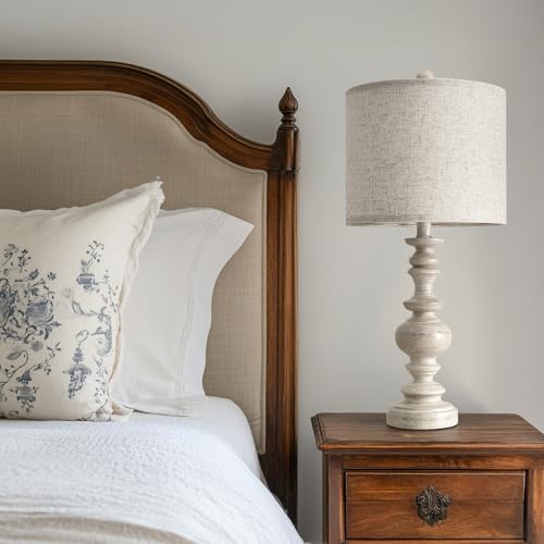 Farmhouse Resin Table Lamp Set of 2 - Antique White, 24-Inch Vintage Lamps with Linen Shades for Living Room & Bedroom