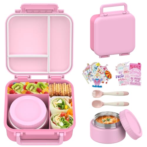 Kids Bento Lunch Box with Thermo Jar - Pink, Leak-Proof 3-Compartment Kids Lunch Container