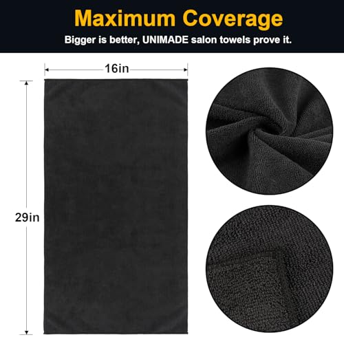 UNIMADE Black Microfiber Salon Towels 48 Pack, 16x29 Inches, Fast Drying & Soft Hair Towels for Salon, Spa, Gym & Home Use