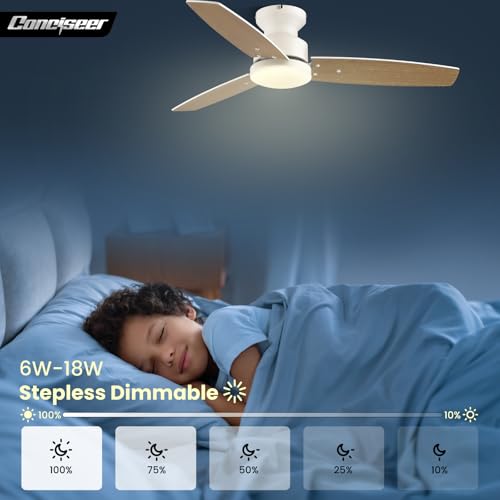 Conciseer 42 Inch Modern Ceiling Fan with Light & Remote - White/Wood Grain, Reversible DC Motor, 6 Speed, Flush Mount, Quiet for Bedroom & Living Room - Variation 1