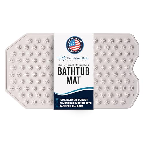 Refinished Bathtub Mat No Suction Cups - White, Non-Slip Rubber for Textured & Refinished Tubs