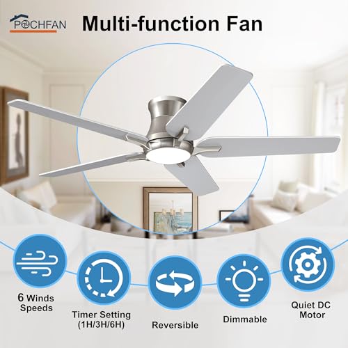 POCHFAN 52 Inch Brushed Nickel Ceiling Fan with Lights and Remote - Low Profile, Dimmable, Noiseless for Bedroom & Living Room
