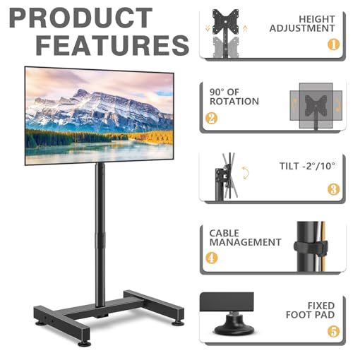 TVON Black Floor TV Stand for 13-50 inch Flat & Curved Screens, 44 lbs Capacity, Adjustable Height & VESA Mount