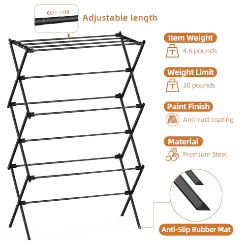 Foldable 3-Tier Clothes Drying Rack Black - Rust-Resistant Indoor & Outdoor Laundry Organizer