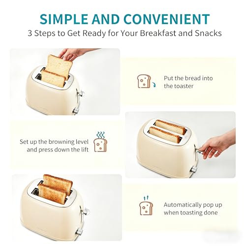 Ultrean Cream 2-Slice Toaster with Wide Slots, 6 Browning Levels & Removable Crumb Tray