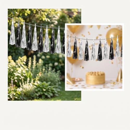 Hysilla Black Silver Foil Fringe Tassel Garland for Party Decorations