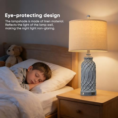 Blue Resin Table Lamp with Touch Dimming & USB Ports - 26.5''