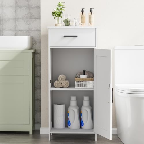 Homhedy White Bathroom Storage Cabinet with Drawer & Adjustable Shelf - Corner Fit