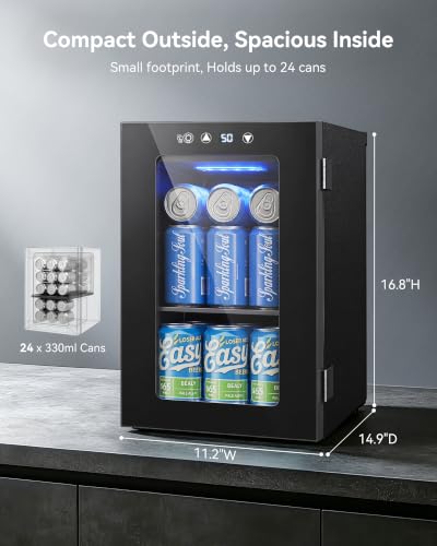 24 Can Beverage Refrigerator - 0.6 Cu.Ft Countertop Mini Fridge with Glass Door, Black