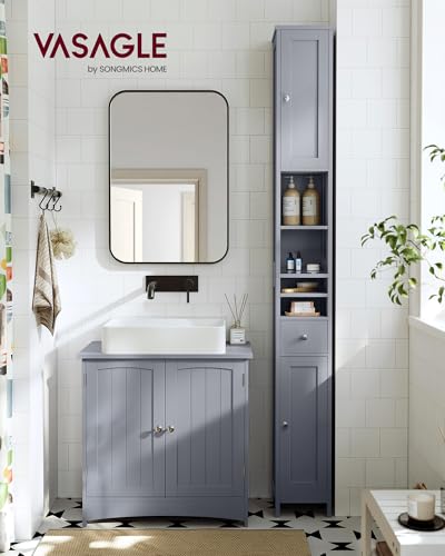 VASAGLE Tall Bathroom Cabinet - Slim Freestanding Storage with Drawer & Open Shelves, Dove Gray, 7.7D x 8.4W x 70.9H, No Lights