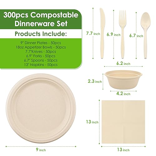 Brown Disposable Sugarcane Plates and Cutlery Set 300PCS Eco-Friendly Party Dinnerware