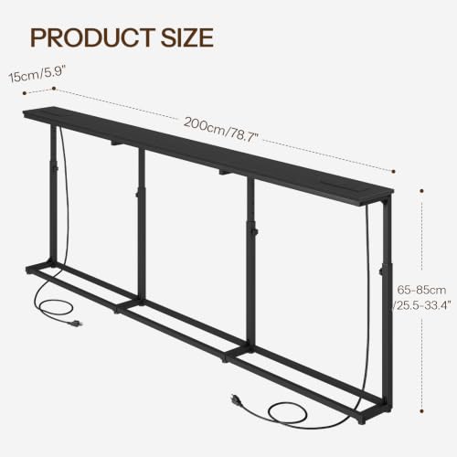 HOOBRO 78.7-Inch Black Narrow Console Table with 5-Height Settings & Built-In Charging Stations — Behind Couch, Slim Design
