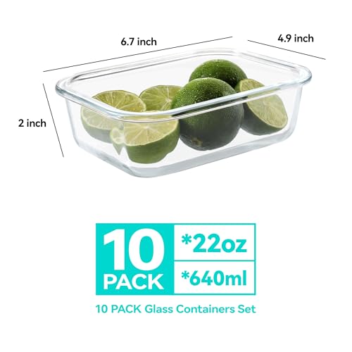 Glass Meal Prep Containers 10 Pack - Airtight BPA-Free Food Storage, 22 oz