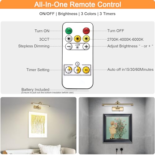 Tassuowell Brass 15.7-inch Wireless Dimmable Picture Light with Remote