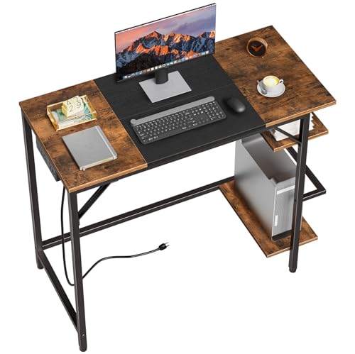 Small Computer Desk with Power Outlet & Shelves - Rustic Brown & Black, 35.4 Inch Modern Home Office Desk with Reversible Design