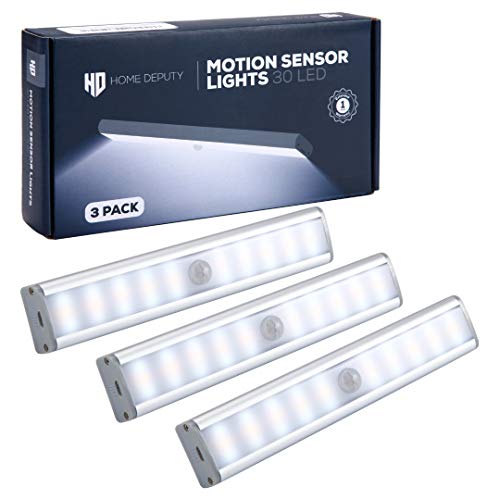 HOME DEPUTY 3 Pack Wireless Motion Sensor Closet LED Lights - Rechargable Cordless Cabinet Lighting with 30 LEDs, 3 Brightness Modes