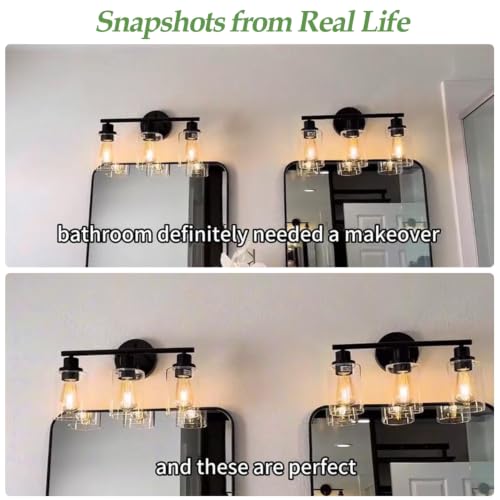 Matte Black 3-Light Bathroom Vanity Light Fixture with Clear Glass Shades – Up & Down Reversible Mounting
