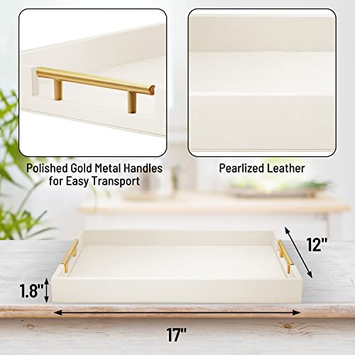 Beige Leather Serving Tray with Gold Handles - 17x12 Inches, Variation: Beige, 1.8 Inch Thick