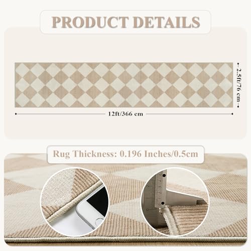 Beeiva 2.5x12 ft Beige Checkered Hallway Runner Rug - Washable Faux Wool, Non-Slip Diamond Pattern Carpet