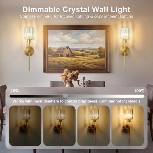 Brass Wall Sconce Set of 2 with Cylindrical Crystal Shade - Dimmable LED, 20.1 Inch