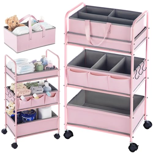 Pink 2-in-1 Baby Diaper Caddy Organizer Cart with Removable Baskets