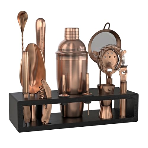Highball & Chaser Bartender Kit with Espresso Bamboo Stand - Copper