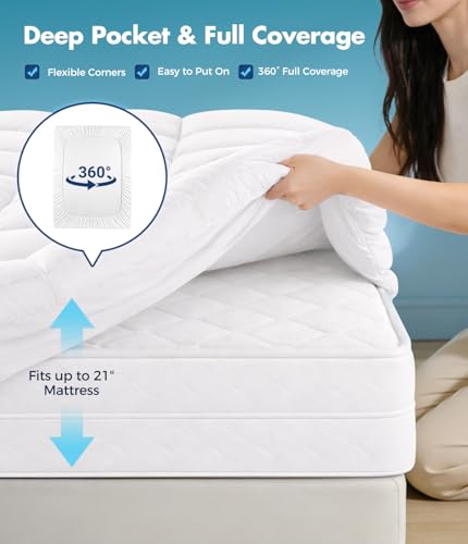 Fracho Queen Cotton Mattress Topper - Extra Thick Pillow Top Bed Pad