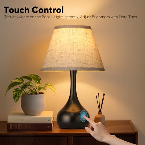 PARTPHONER Black 2-Pack Touch Dimmable Bedside Table Lamps with Linen Shade
