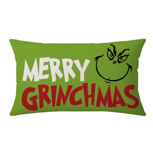 AOFANGGO Christmas Pillow Cover 12x20 inch Holiday Decorations Green Face Xmas Throw Pillow Cushion Cover for Bed Chair Sofa Couch Rectangle