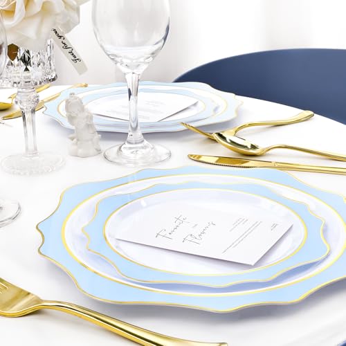 realluck 100Pcs White & Blue Plastic Plates for 50 Guests