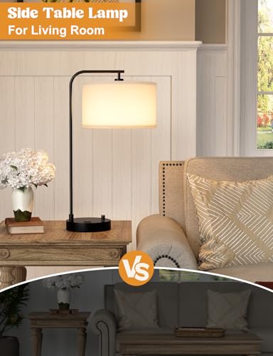 Innqoo 20.7-inch Modern Dimmable Nightstand Table Lamp with USB & Outlet, Black & White Shade