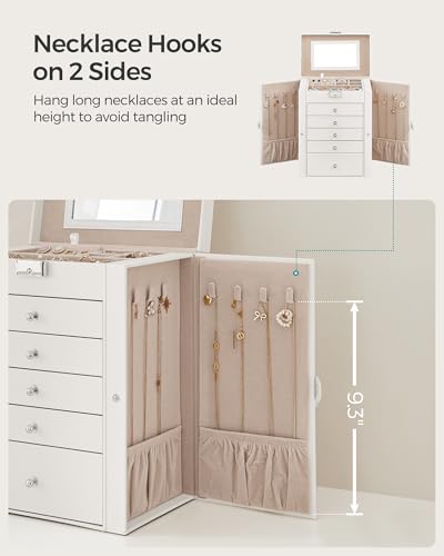 6 Tier Jewelry Box Organizer with Mirror & Lock - White